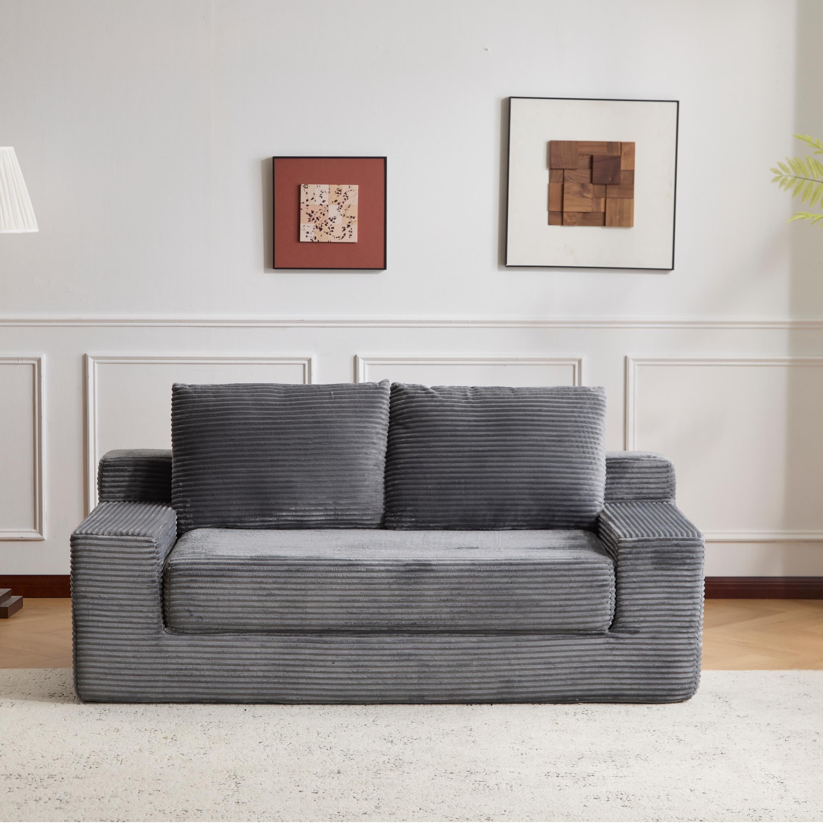 Zweisitzer-Sofa, Bequemes Sofa-Bett mit tiefer Sitzfläche, Modernes kleines Cord-Sofa für Wohnzimmer und Schlafzimmer, Umkehrbares Kissen mit Kissen, Keine Montage erforderlich, Dunkelgrau
