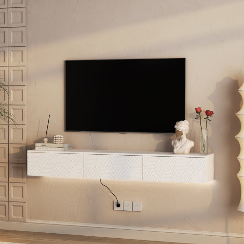 Wandmontiertes Schwebendes TV-Board mit 16-farbigen LEDs, Modernes TV-Board, Schwebendes TV-Schränkchen als Medienzentrum für 55-60-65-Zoll-Fernseher, Weiß