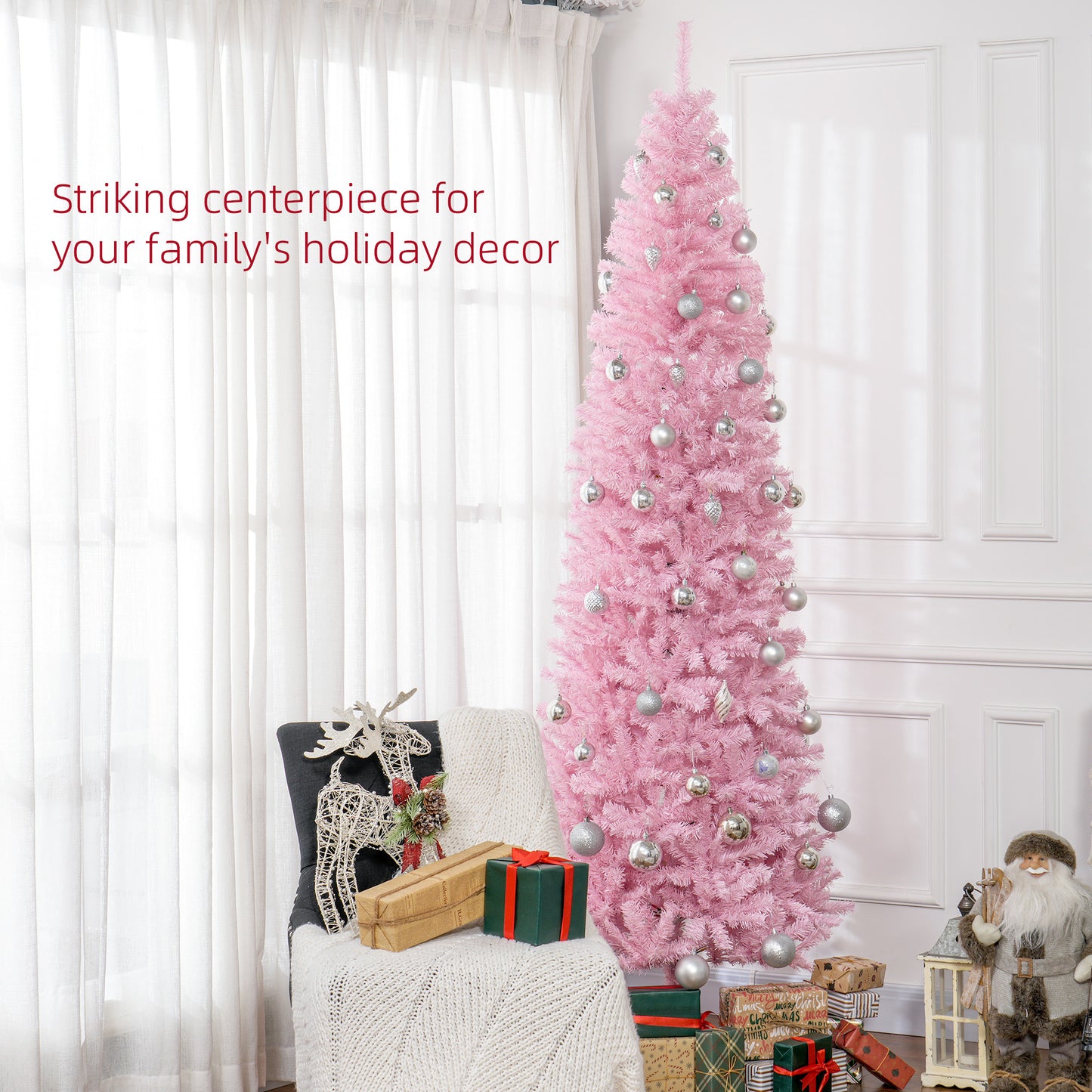 HOMCOM 8' Tall Unlit Slim Douglas Fir Artificial Christmas Tree With 1168 Realistic Branch Tips, Pink