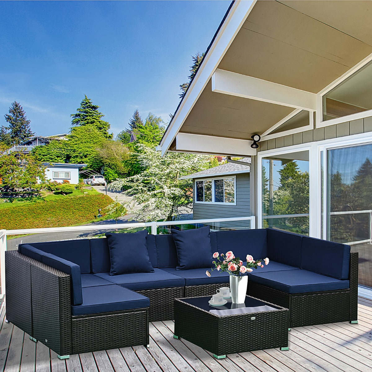7-teiliges Set Rattan-Sofa Luxus-Modulares Gesprächsmöbel für Draußen - Tiefblau
