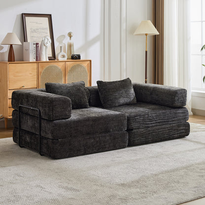 Kompressions-Sofa, Umklappbares Boden-Sofa-Bett mit festem Rahmen, Sessel knochenloses modulares Sektionalsofa, keine Montage erforderlich, Chenille-Stoff, für Wohnzimmer und Schlafzimmer, Schwarz