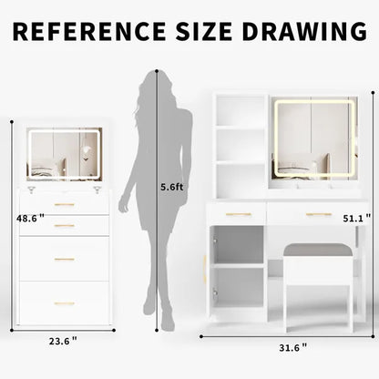 Makeup Vanity Desk With Mirror And Lights, White Vanity Table With Power Outlet And 3 Lighting Modes, Dressing Table Set With Cabinet Drawers Shelves And Storage Stool For Bedroom