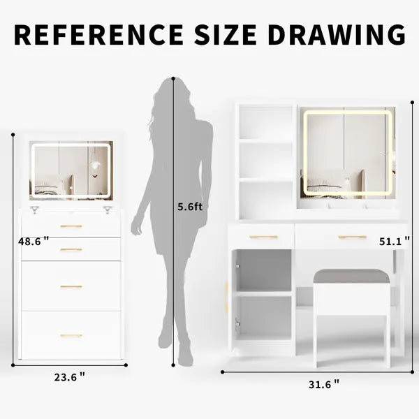 Make-up-Tisch mit Spiegel und Lichtern, weißer Schminktisch mit Stromanschluss und 3 Beleuchtungsmodi, Ankleidetisch-Set mit Schrank, Schubladen, Regalen und Stauraum-Hocker für das Schlafzimmer