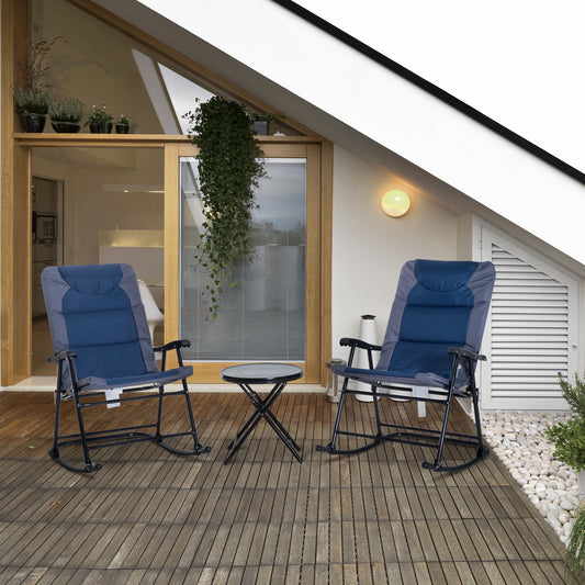 3-teiliges blaues Schaukel-Bistro-Set Patio-Stühle Glas-Couchtisch