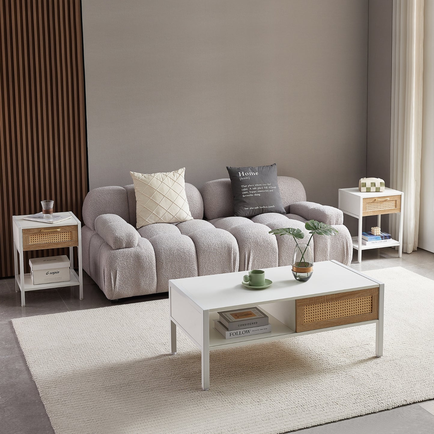40,16 Couchtisch aus Rattan mit Schiebetür, Metallbeine - Modernes Wohnzimmer
