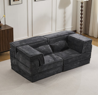 Kompressions-Mahjong-Sofa, Umwandelbares Boden-Sofabett, DIY Knochenloses Modulares Sektionalsofa, Keine Montage erforderlich, Kreisförmiger Fleece-Stoff, Modernes Überdimensionales Zweiersofa, Dunkelgrau
