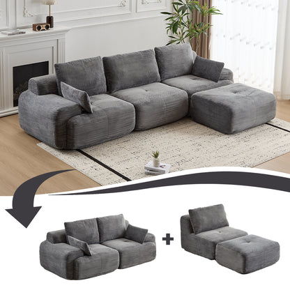 Moderne Kompressions-Matratzen-Sofa, Große Ecksofas für das Wohnzimmer, Haustierfreundliches Wolkenmodulares Ecksofa, Kordstoff, Extra Tiefes Zweiersofa, Keine Montage erforderlich, GRAU
