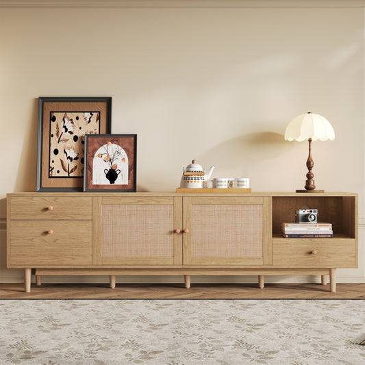 Boho-Fernsehtisch für 65-, 75-, 85-Zoll-Fernseher, Medienzentrale mit offener Aufbewahrung und Schubladen, modernes Holzmöbel für TV-Geräte mit echtem Rattan