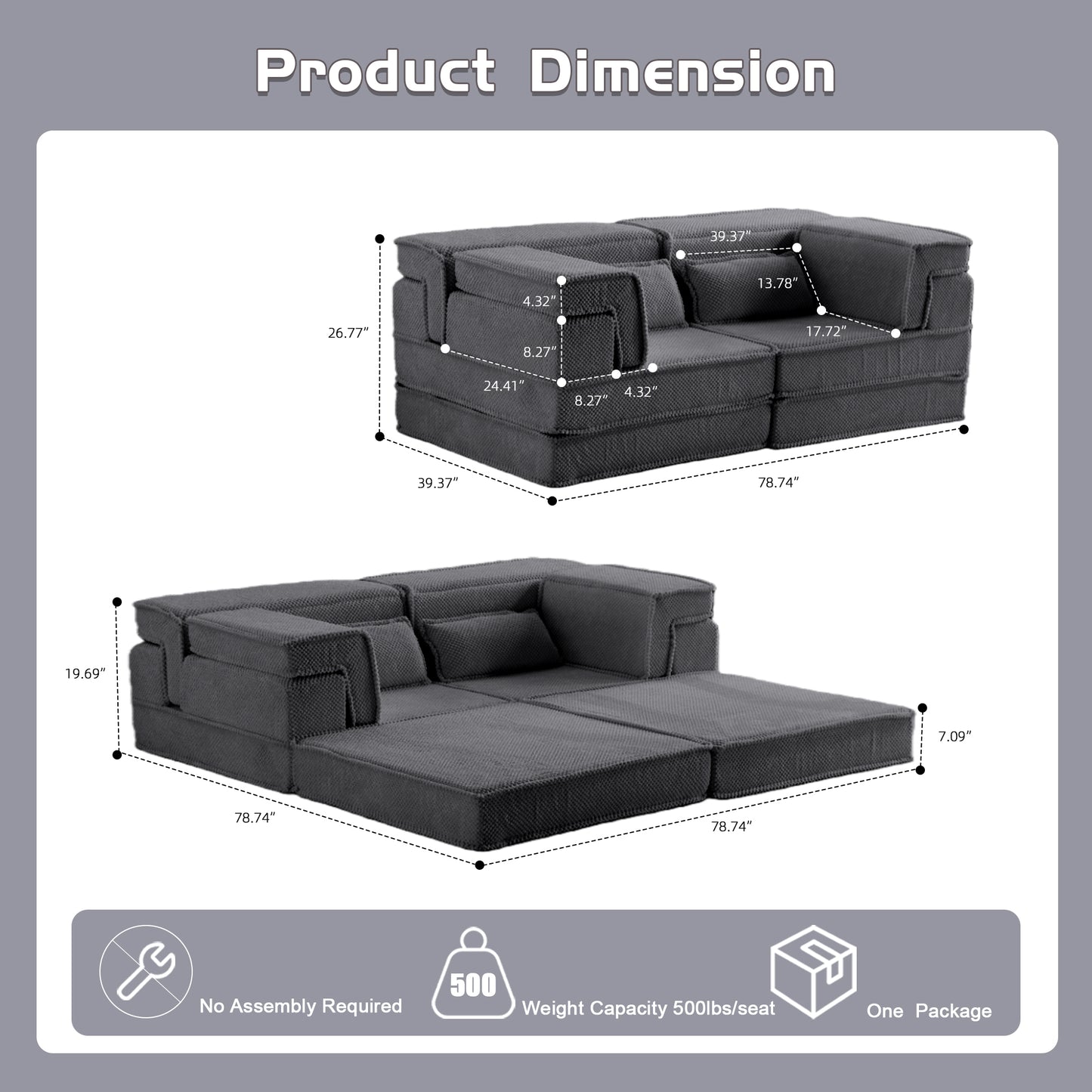 Kompressions-Mahjong-Sofa, Umwandelbares Boden-Sofabett, DIY Knochenloses Modulares Sektionalsofa, Keine Montage erforderlich, Kreisförmiger Fleece-Stoff, Modernes Überdimensionales Zweiersofa, Dunkelgrau