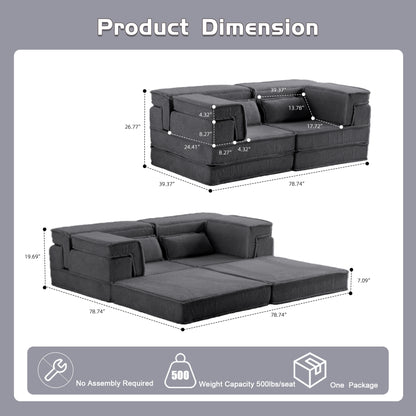 Kompressions-Mahjong-Sofa, Umwandelbares Boden-Sofabett, DIY Knochenloses Modulares Sektionalsofa, Keine Montage erforderlich, Kreisförmiger Fleece-Stoff, Modernes Überdimensionales Zweiersofa, Dunkelgrau