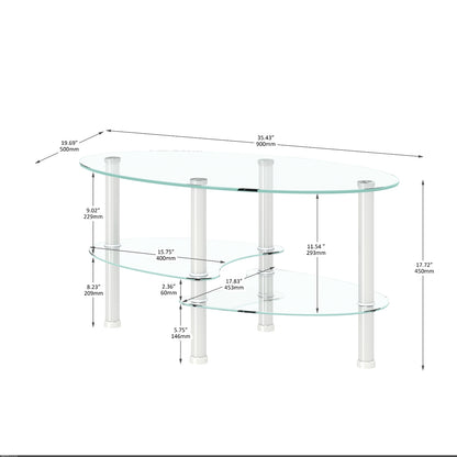 Transparent Oval Glass Coffee Table, Modern 3-Layer With Stainless Steel Leg