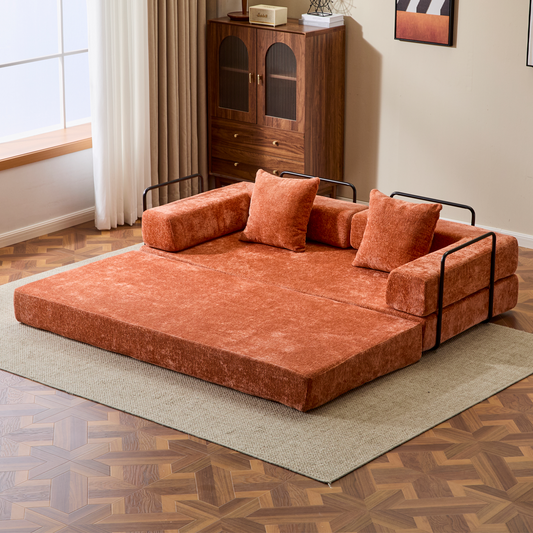 Boden-Couch, Kompressions-Sofa, Umwandelbares Boden-Sofa-Bett – mit Kissen-Rückenlehne und Armlehne, Bequeme Futon-Couch-Liege-Schlafsofa, Chenille-Stoff, für Wohnzimmer und Schlafzimmer, Orange