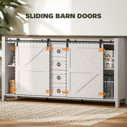 60 Buffet Cabinet, Farmhouse Sideboard With Sliding Barn Doors, Drawers And Adjustable Shelves, Distressed Cream White