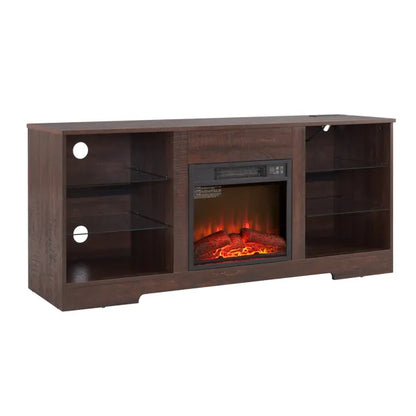 TV-Ständer mit elektrischem Kamin und Glasregalen, 3D-Kamin-TV-Ständer mit LED-Beleuchtung aus Holz mit USB-Ladeanschluss Moderner Fernsehtisch für TVs bis zu 62" ESP, 58''B*15,5''T*24,4"H
