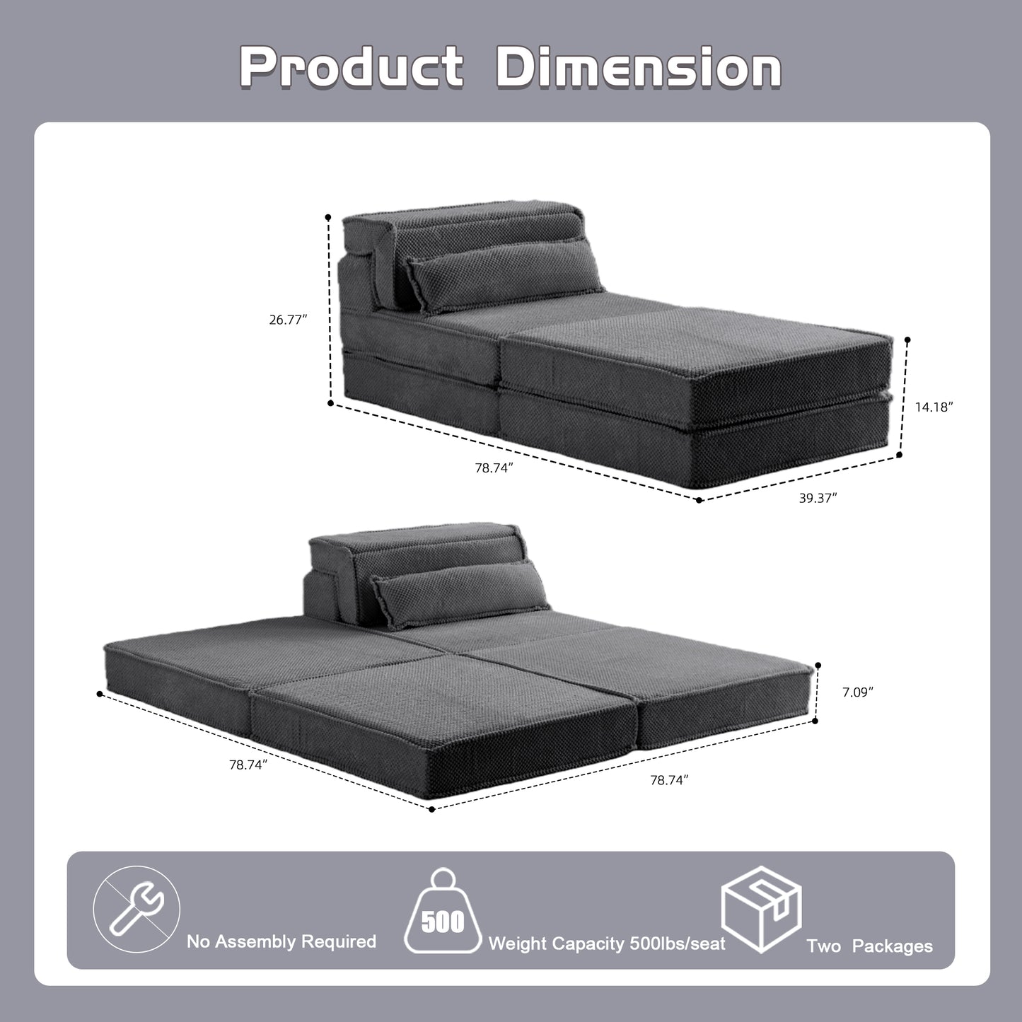 Kompressions-Mahjong-Sofa, Umwandelbares Boden-Sofabett, DIY Knochenloses Modulares Sektionalsofa, Keine Montage Erforderlich, Kreisförmiger Fleece-Stoff, Überdimensionierter Einzel-Sitzer mit 1 Kissen und 1 Hocker, Dunkelgrau