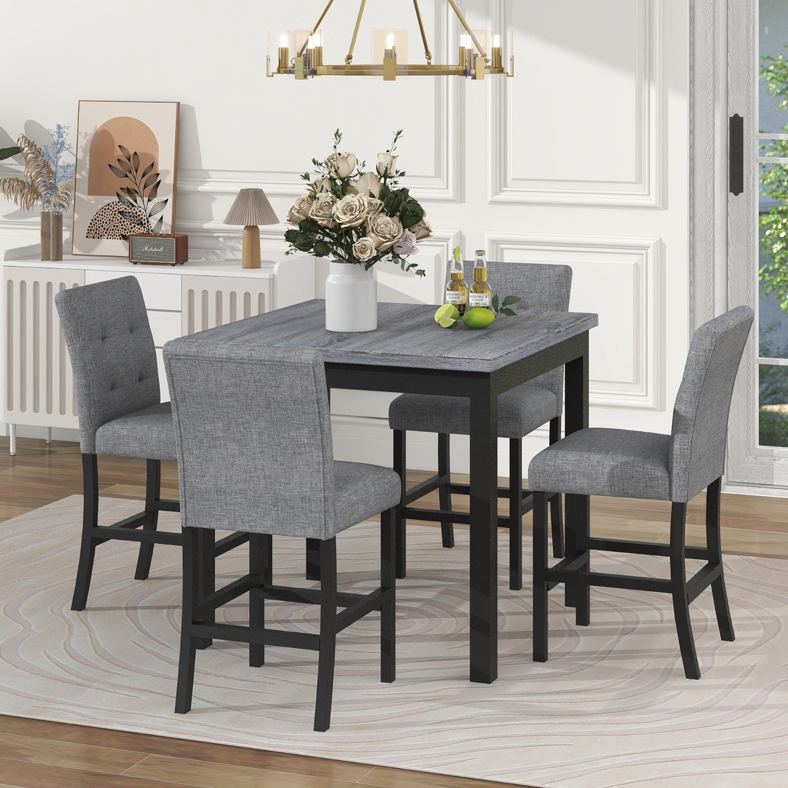 TOPMAX 5-teiliges Esstisch-Set in Thekenhöhe, Holztisch, Stühle und Barhocker mit Fußstütze