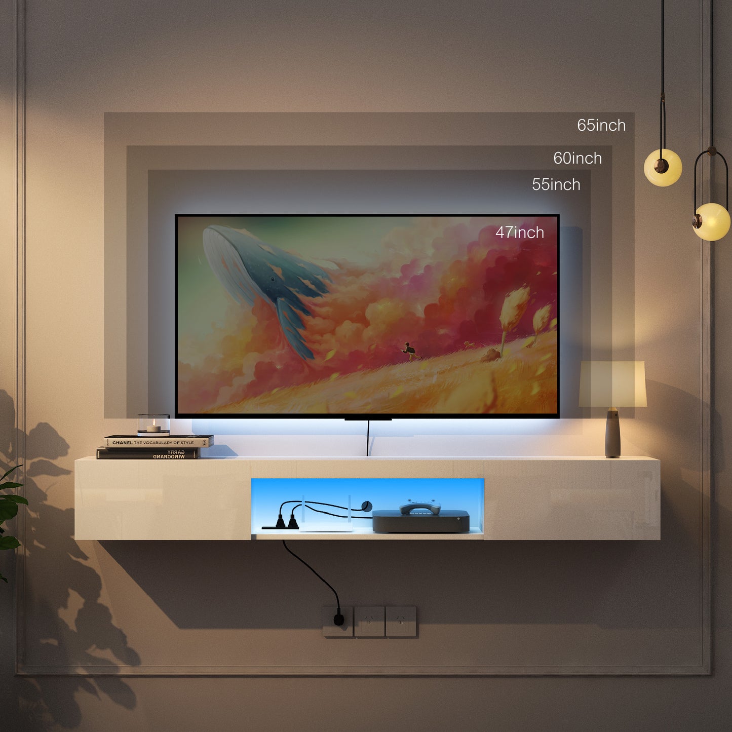 Schwebender TV-Ständer Wandmontiert mit 16-farbigen LEDs, Moderner TV-Ständer, Schwebender TV-Schrank Entertainment-Center für 55 60 65 Zoll TV, Weiß
