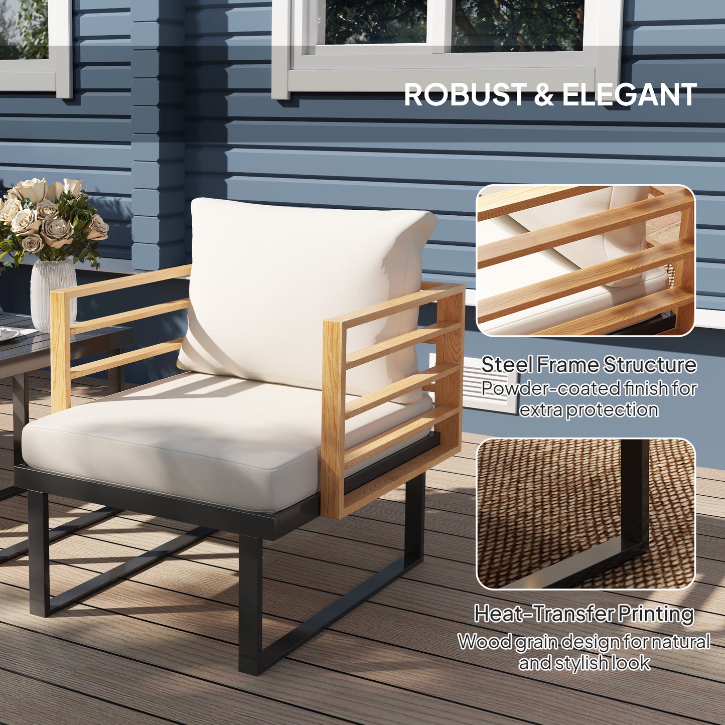 3-teiliges Metall-Bistro-Set, kleines Patio-Möbelset mit Polstern, Sessel, Lamellentisch für Hinterhof-Balkon, Beige