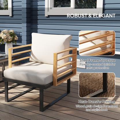 3-teiliges Metall-Bistro-Set, kleines Patio-Möbelset mit Polstern, Sessel, Lamellentisch für Hinterhof-Balkon, Beige