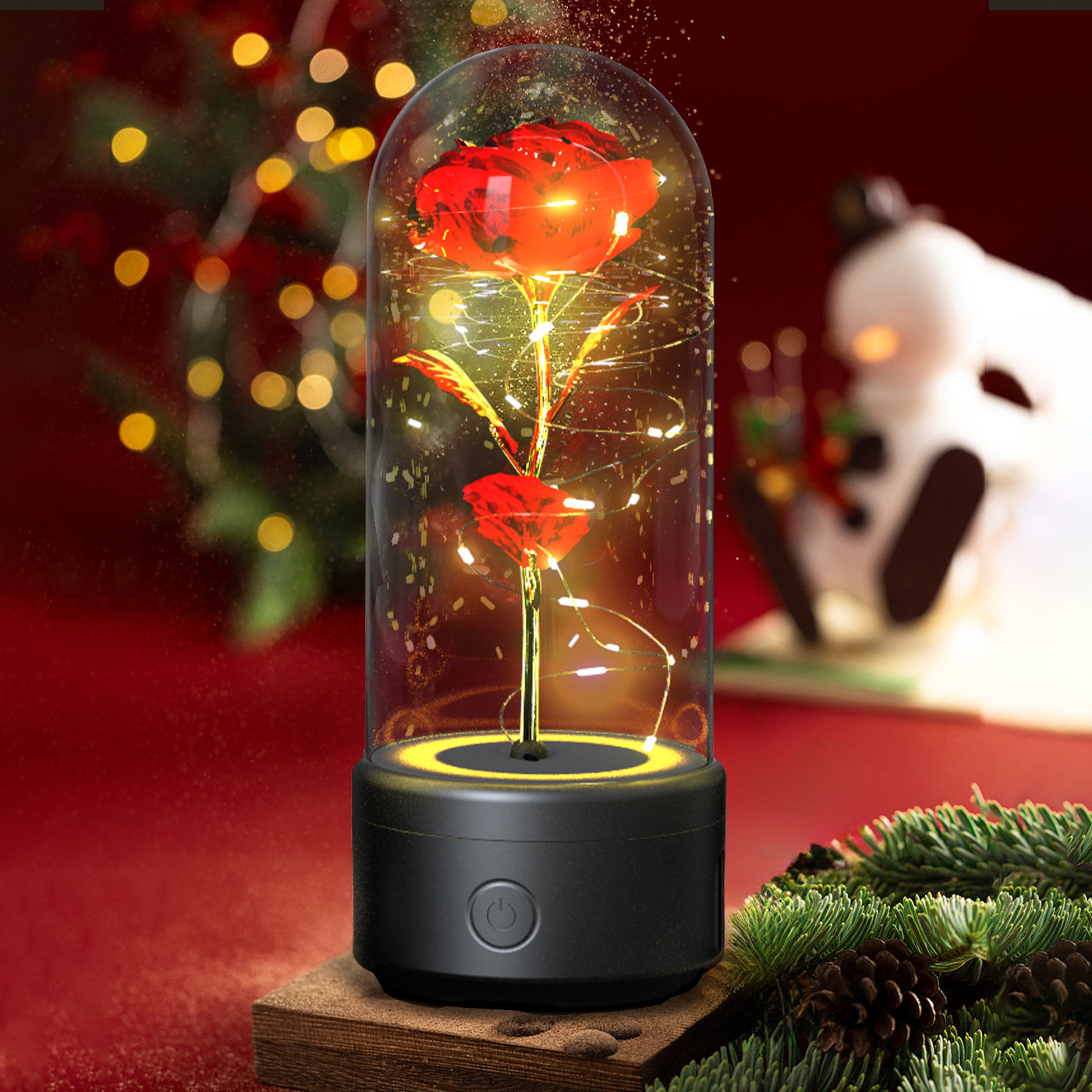 Kreatives 2-in-1 Rosenblumen-LED-Licht und Bluetooth-kompatibler Lautsprecher Valentinstag-Geschenk Rosenleuchtendes Nachtlicht-Ornament mit Glasabdeckung