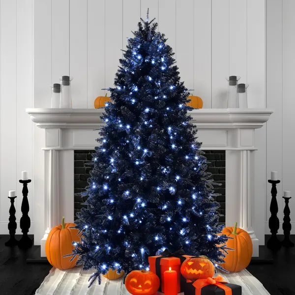 1,52 m hoher schwarzer Weihnachtsbaum mit 250 weißen LED-Lichtern, 1076 Spitzen PE+PVC künstlicher Baum für Halloween- und Feiertagsdekoration, Scharnierstruktur mit stabilem Metallständer