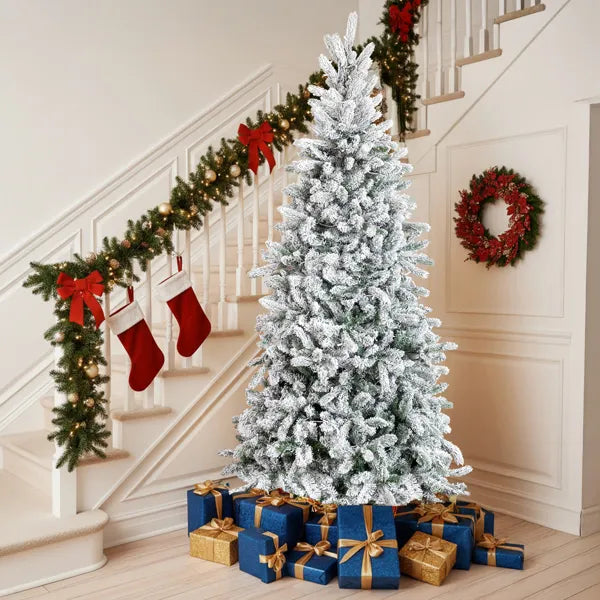 7 FT Schneebeflockte Vorbeleuchtete Künstliche Bleistift-Weihnachtstanne, Gelenkige Weihnachtstanne mit 1100 Astspitzen und 400 Lichtern für Feierbüro Zuhause, Schneebedeckt Grün