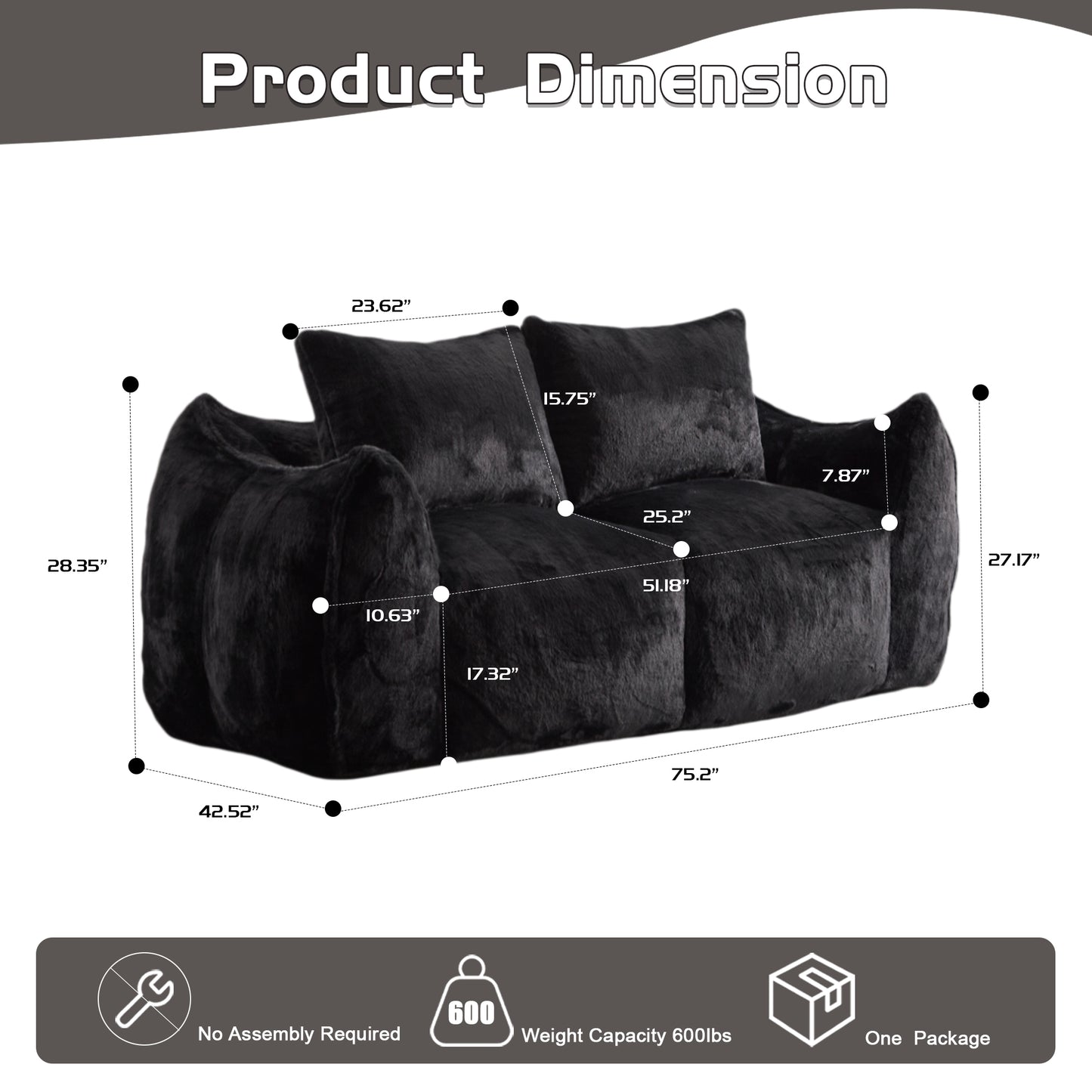 Riesiges Sitzsacksofa für Erwachsene, ultra weiches, flauschiges Zweiersofa aus Sitzsäcken, überdimensionierter Chaiselongue-Stuhl für Innenräume im Wohnzimmer oder Schlafzimmer, keine Montage erforderlich, gemütlicher Lesesessel mit Kissen, Schwarz