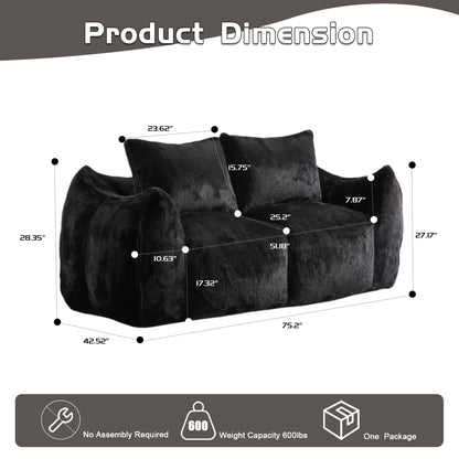 Riesiges Sitzsacksofa für Erwachsene, ultra weiches, flauschiges Zweiersofa aus Sitzsäcken, überdimensionierter Chaiselongue-Stuhl für Innenräume im Wohnzimmer oder Schlafzimmer, keine Montage erforderlich, gemütlicher Lesesessel mit Kissen, Schwarz