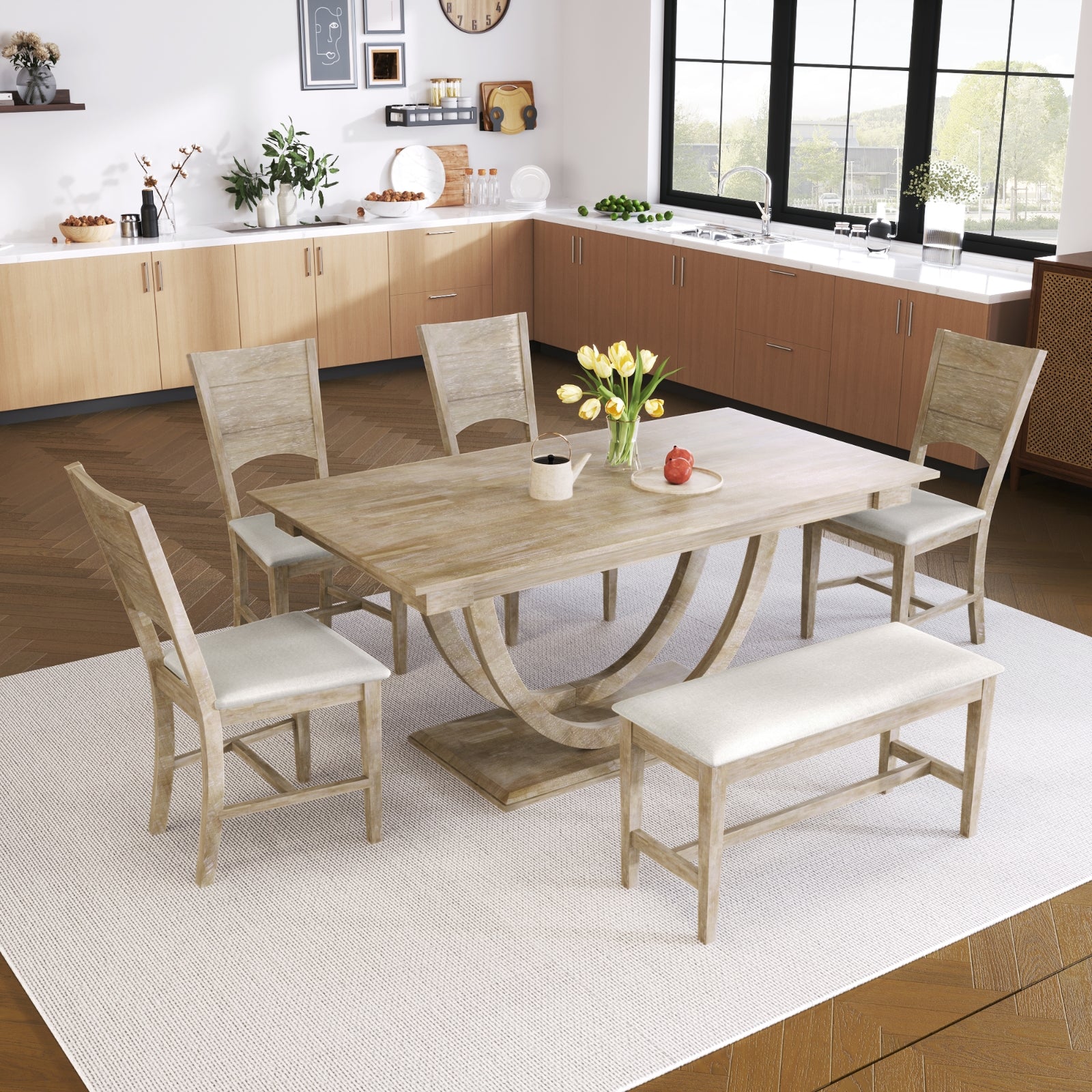 TOPMAX 6-teiliges Esstisch-Set aus Holz mit halbrunder Tischplatte, langer Bank und 4 Stühlen