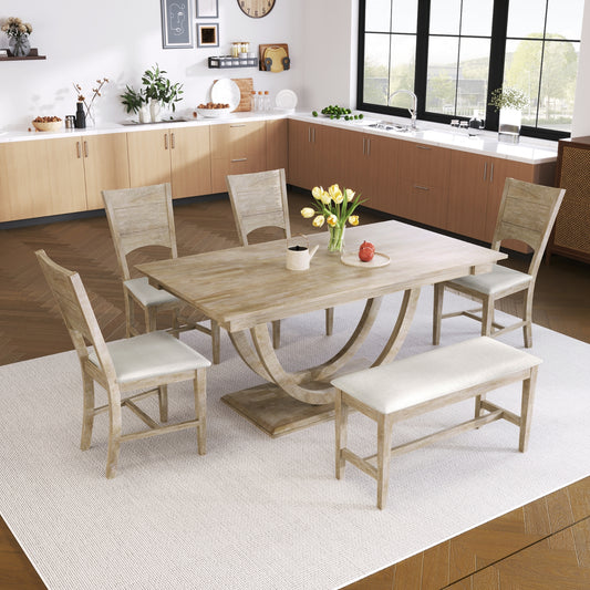 TOPMAX 6-teiliges Esstisch-Set aus Holz mit halbrunder Tischplatte, langer Bank und 4 Stühlen