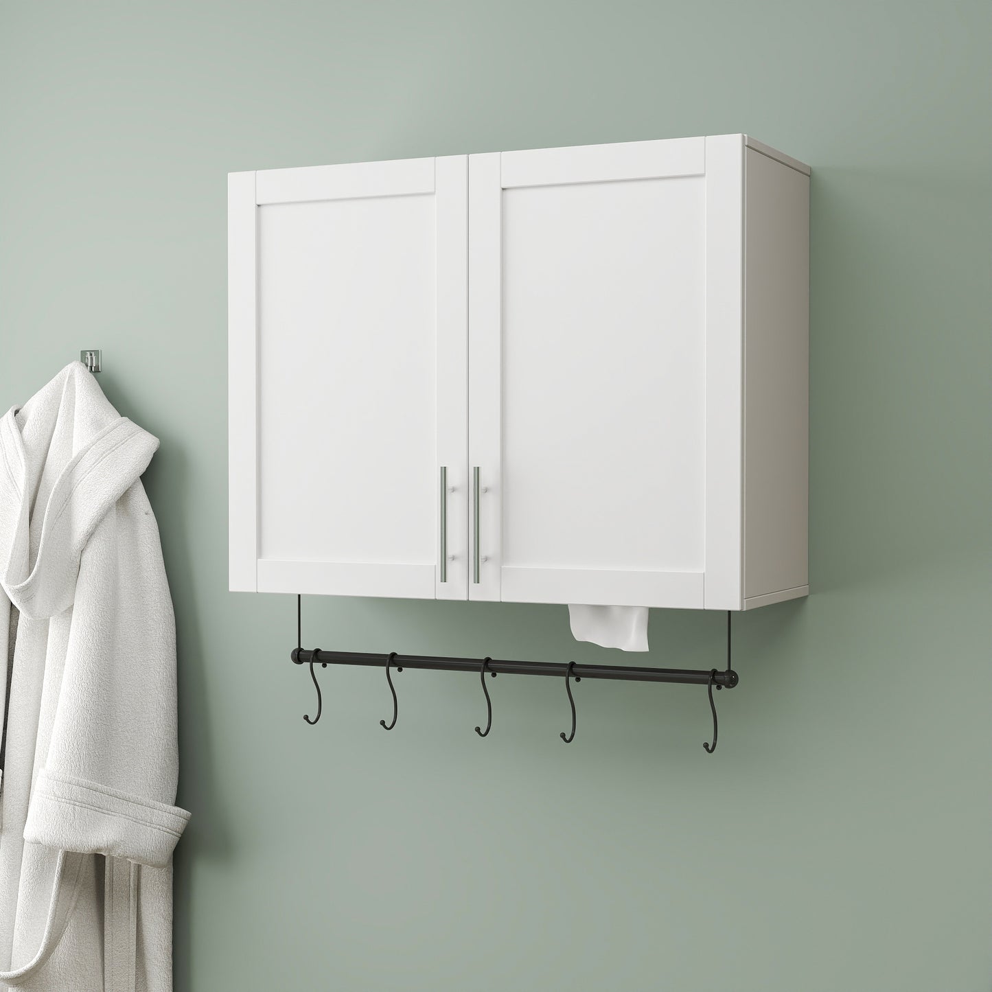 Badezimmer-Wandregal mit einstellbarem Fach, Handtuchhalter, 5 Haken, Stauraum über der Toilette für Badezimmer, Küche, weiß