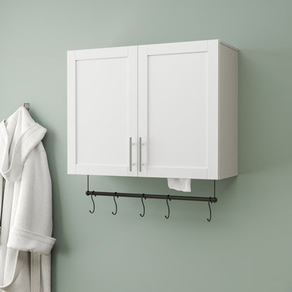 Badezimmer-Wandregal mit einstellbarem Fach, Handtuchhalter, 5 Haken, Stauraum über der Toilette für Badezimmer, Küche, weiß