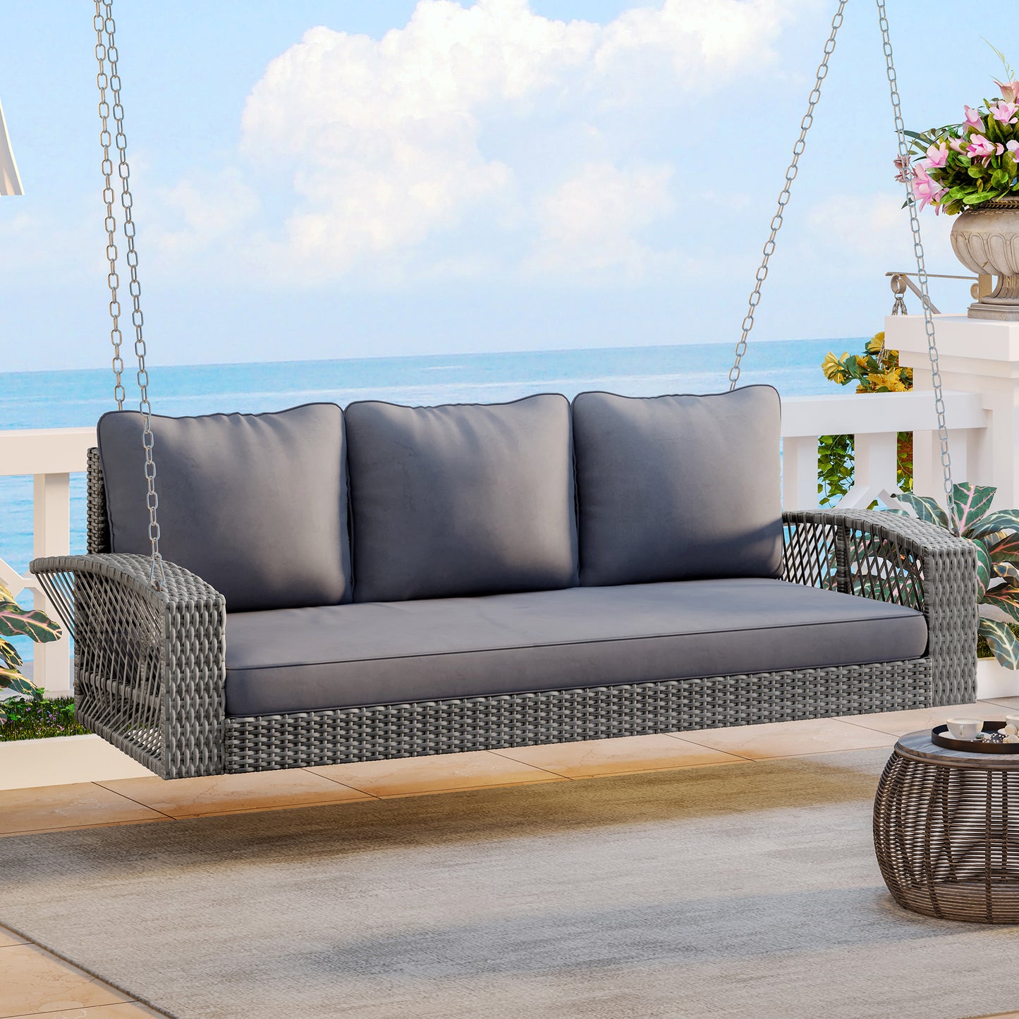 GO 69 PE Wicker 3-Person Porch Swing With Chains, Large Patio Swing Bench With Cushions For Backyard, Garden, And Poolside, Gray69