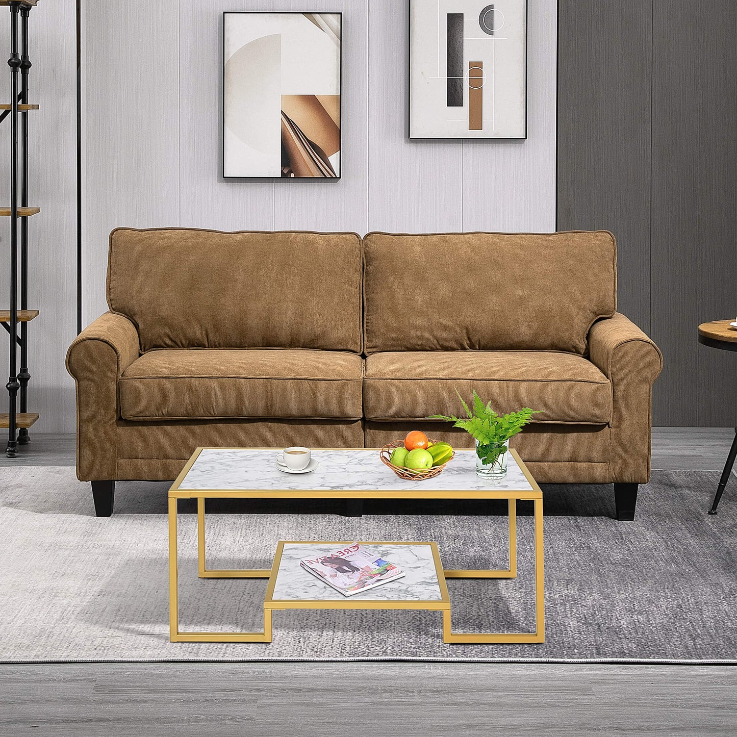Minimalist Art Deco Coffee Table with Laminate Marble Print Table Top & Underneath Storage Shelf