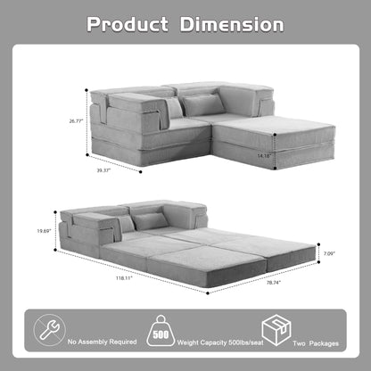 Kompressions-Mahjong-Sofa, umklappbares Boden-Sofabett, DIY knochenloses modulares Sektionssofa, keine Montage erforderlich, Kreis-Fleece-Stoff, überdimensioniertes 2-Sitzer-Sofa mit 1 Hocker, Hellgrau