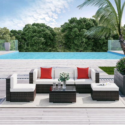6-teiliges Terrassenmöbel-Set Outdoor-Gesprächsset Ganzjährig wetterbeständiges PE-Modulsofa-Set mit Hocker