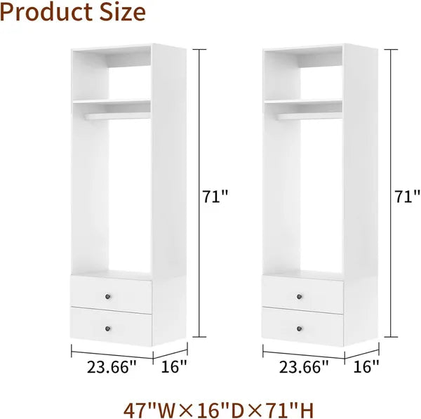 Schrankorganisationssystem mit Schubladen, Einbauschrank-Organizer und Aufbewahrung, Kleiderschrank mit Regalen, DIY-Holz-Kleiderstangen zum Aufhängen von Kleidung (47" B x 16" T x 71" H)