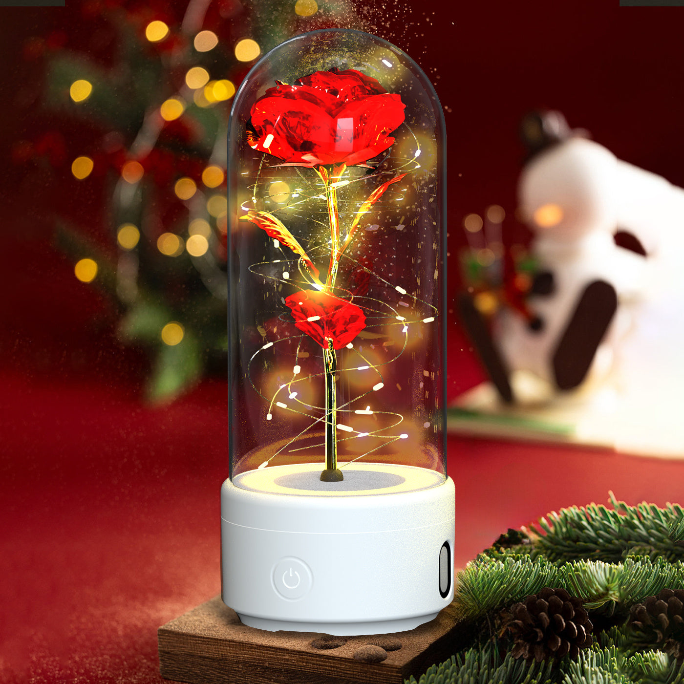 Kreatives 2-in-1 Rosenblumen-LED-Licht und Bluetooth-kompatibler Lautsprecher Valentinstag-Geschenk Rosenleuchtendes Nachtlicht-Ornament mit Glasabdeckung