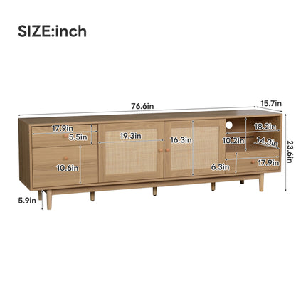 Boho-Fernsehtisch für 65-, 75-, 85-Zoll-Fernseher, Medienzentrale mit offener Aufbewahrung und Schubladen, modernes Holzmöbel für TV-Geräte mit echtem Rattan