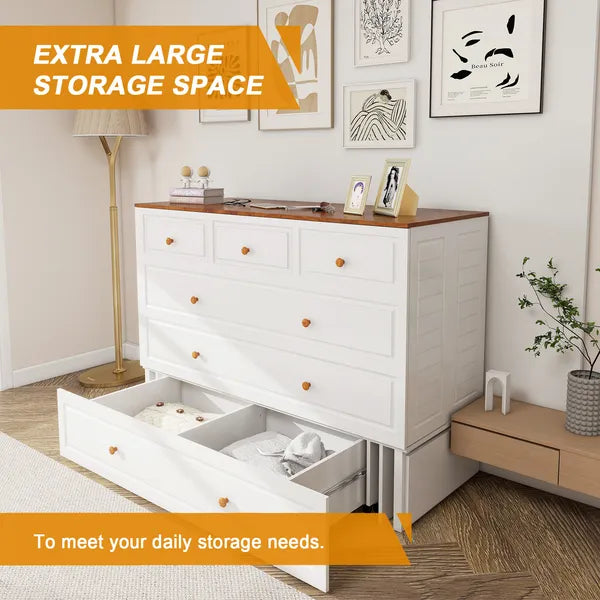 Queen-Size-Murphy-Bettgestell mit Schubladen, Murphy-Bett mit Lade-Station, 2 USB-Anschlüssen, mobiles Murphy-Bett als Schlafanordnung für vielseitige Bereiche im Schlafzimmer, Wohnzimmer, Gästezimmer, Weiß & Holz