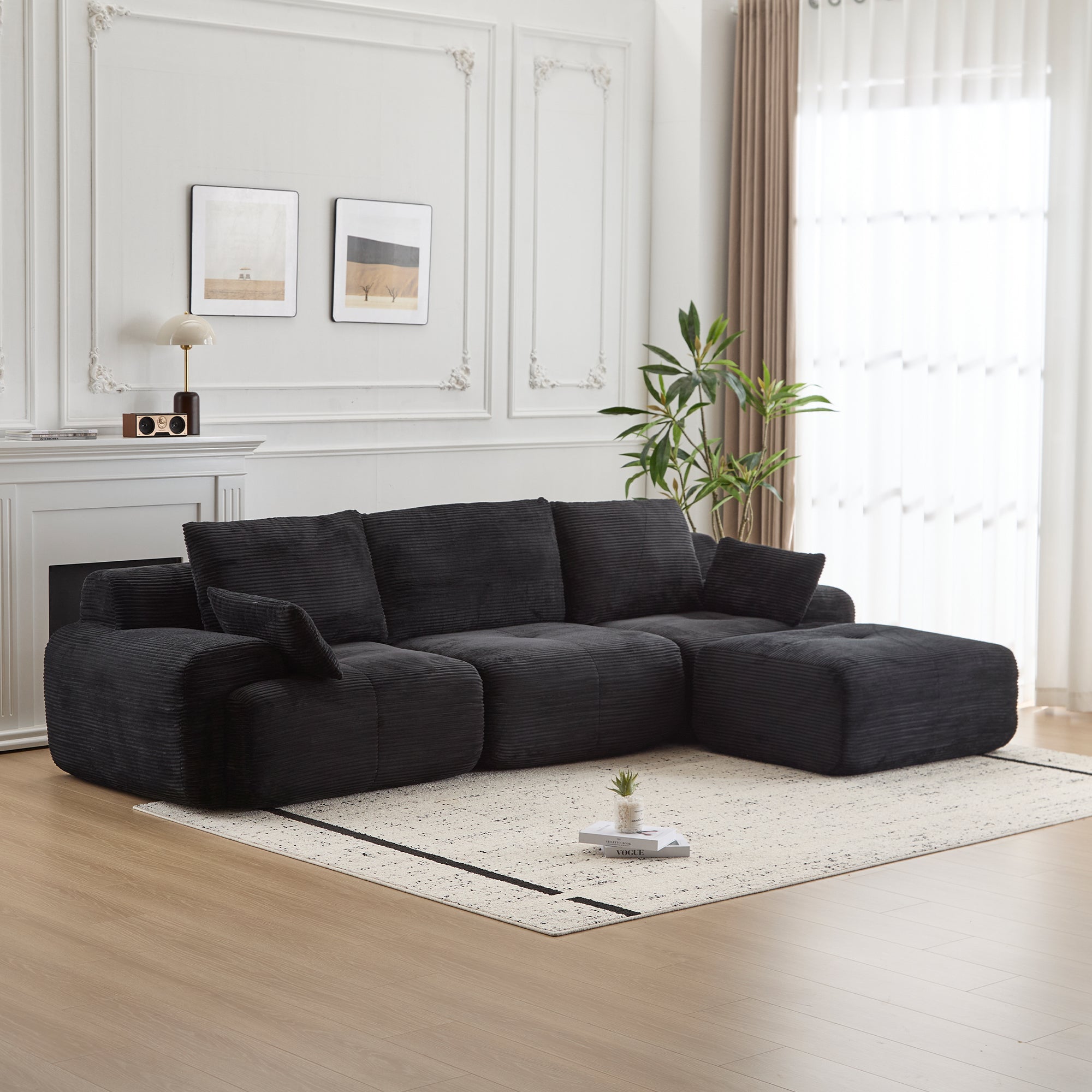 Moderne Kompressions-Memory-Schaum-Sofa, Große Ecksofas für das Wohnzimmer, Haustierfreundliches Wolkenmodulares Ecksofa, Kordstoff, Extra Tiefes Zweiersofa, Keine Montage erforderlich, Schwarz