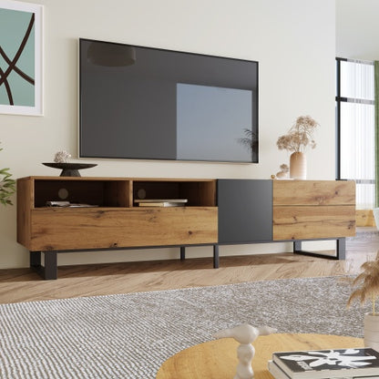 Moderne TV-Ständer für 80-Zoll-Fernseher mit doppeltem Stauraum, Medienkonsole, Unterhaltungszentrum mit absenkbarer Tür für das Wohnzimmer