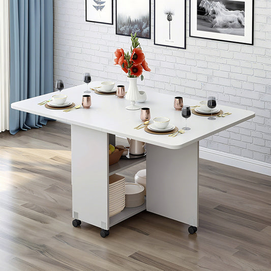 Klappbarer Esstisch mit herunterklappbaren Tischplatten, 6 Rollen und 2-stöckigem Stauraumregal, platzsparender Tisch für kleine Räume, 120 cm T x 60 cm B x 77 cm H, Weiß
