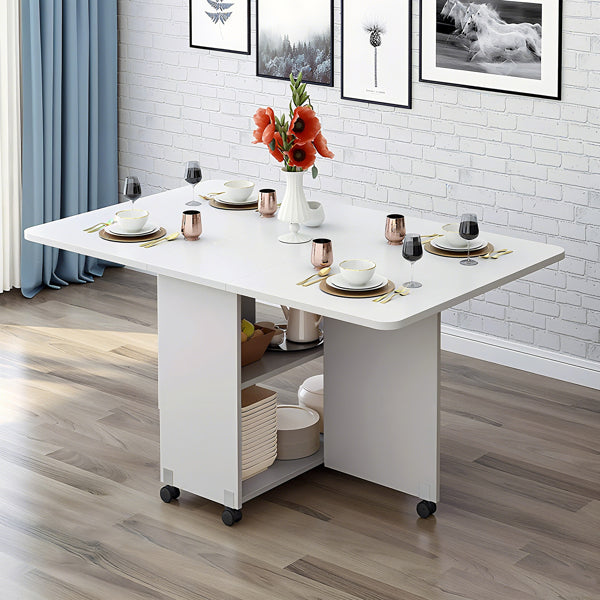 Klappbarer Esstisch mit herunterklappbaren Tischplatten, 6 Rollen und 2-stöckigem Stauraumregal, platzsparender Tisch für kleine Räume, 120 cm T x 60 cm B x 77 cm H, Weiß