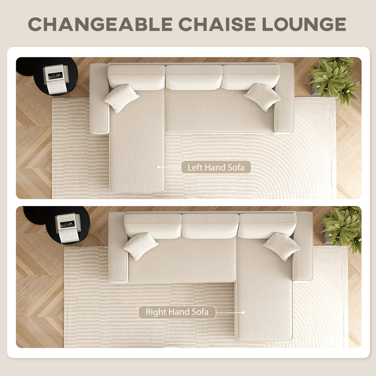 Corner Sofa With Reversible Chaise Lounge, Corduroy L-Shaped Sectional Sofa With Pocket Spring, Cream White