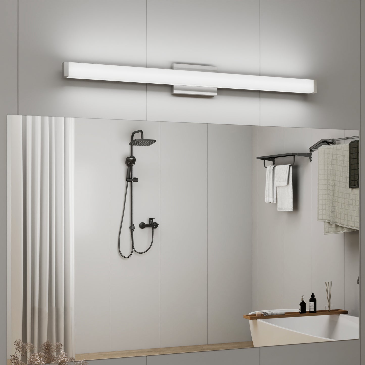 Badezimmer-Spiegelleuchte aus gebürstetem Nickel, quadratisch, LED, 41 Zoll, 24 W, 6000 K, kühles weißes Licht, Wandleuchte über dem Spiegel - Gebürstetes Nickel, 41 Zoll
