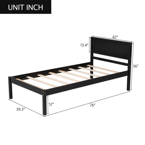 Bettgestell mit Kopfteil, Holzlamellenunterstützung, Kein Lattenrost erforderlich, Einzelbett, Espresso