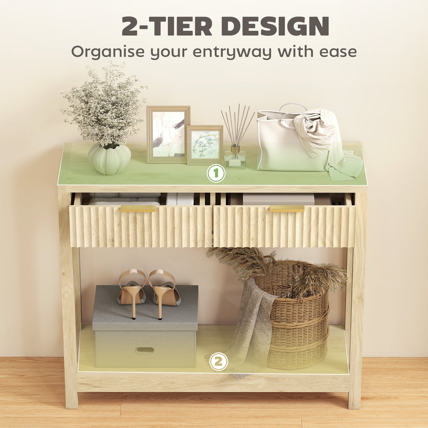 35" Konsoletisch mit Stauraum, schmale Eingangstisch mit gezackten Schubladen und Regal für Flur, natürlicher