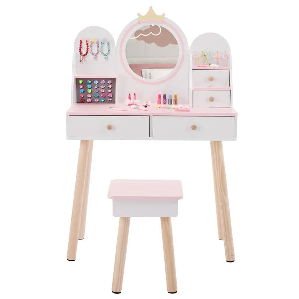 Weißes und rosa Kronen-Element, MDF + Spanplatte + Massivholzfüße, lackiert und melaminlaminiert, 4-Schubladen-Kinder-Ankleidetisch-Set