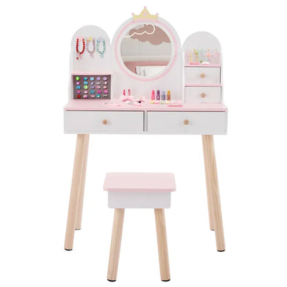 Weißes und rosa Kronen-Element, MDF + Spanplatte + Massivholzfüße, lackiert und melaminlaminiert, 4-Schubladen-Kinder-Ankleidetisch-Set